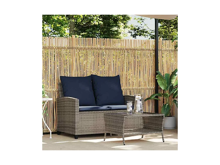 Canapé de jardin 2 places coussins et table gris résine tressée