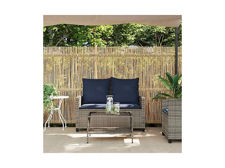 Canapé de jardin 2 places coussins et table gris résine tressée