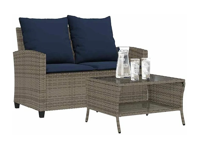 Canapé de jardin 2 places coussins et table gris résine tressée