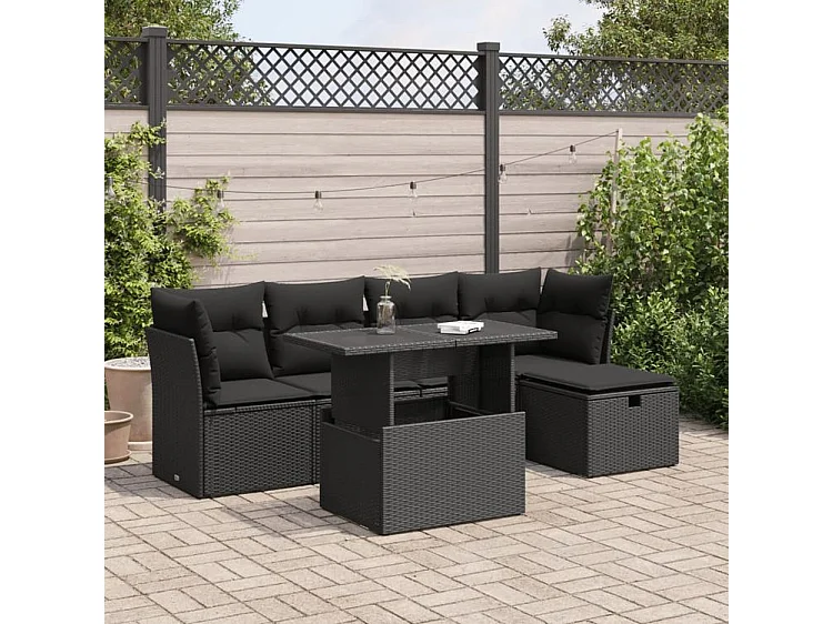 Salon de jardin 6 pcs avec coussins noir résine tressée