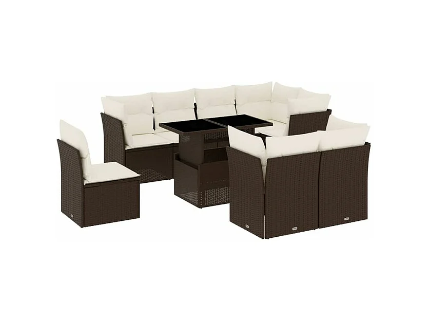 Salon de jardin avec coussins 9 pcs marron résine tressée