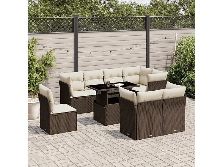 Salon de jardin avec coussins 9 pcs marron résine tressée