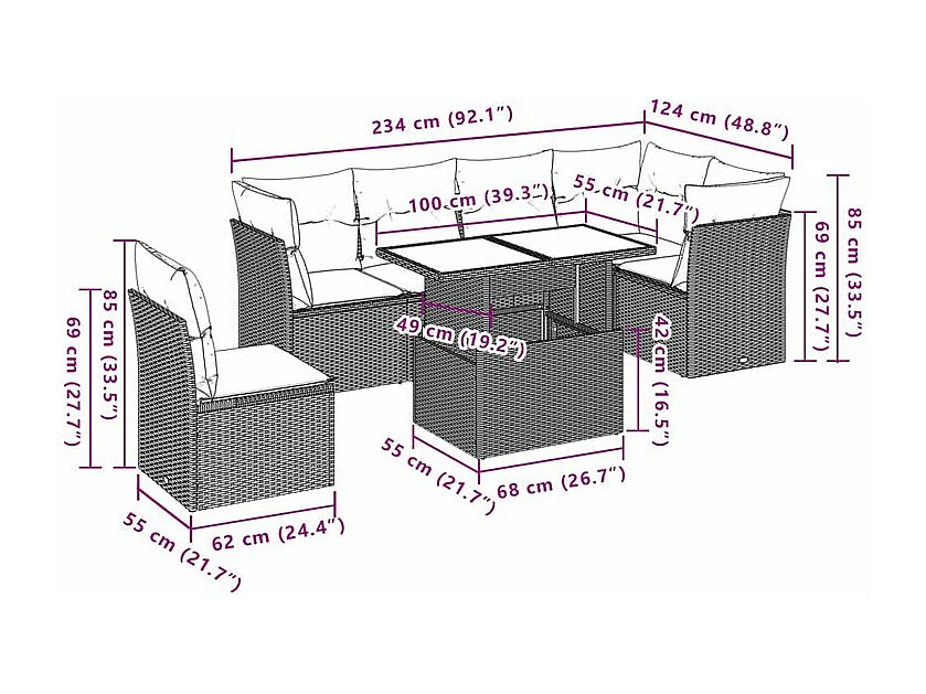 Salon de jardin avec coussins 9 pcs marron résine tressée