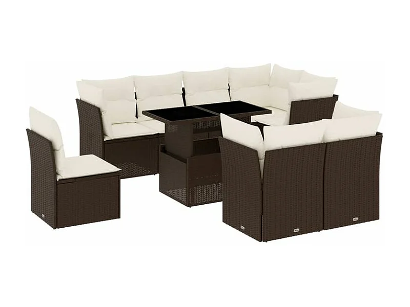 Salon de jardin avec coussins 9 pcs marron résine tressée