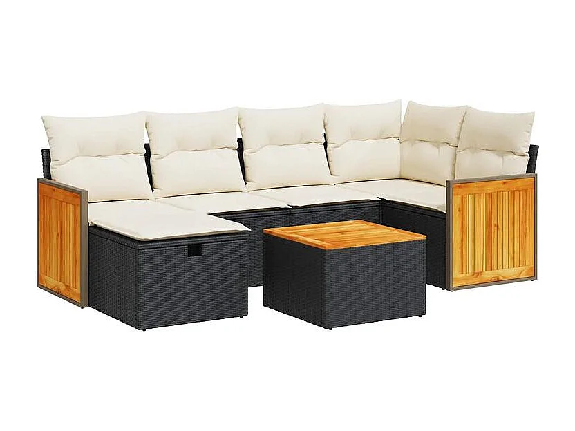 Salon de jardin 7 pcs avec coussins noir résine tressée