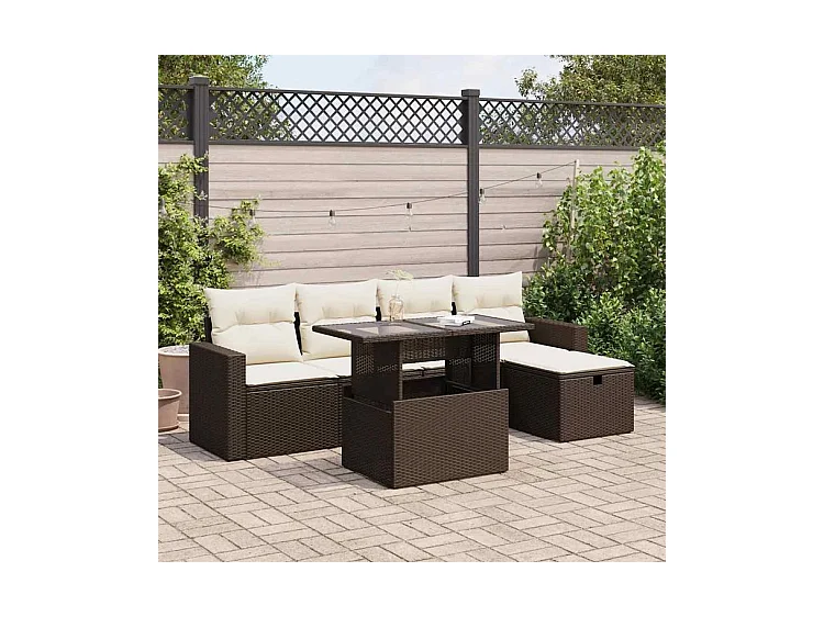 Salon de jardin avec coussins 6 pcs marron résine tressée