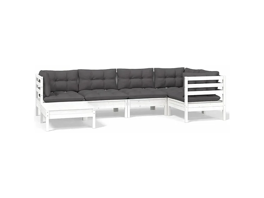 Salon de jardin 6 pcs avec coussins blanc bois de pin massif