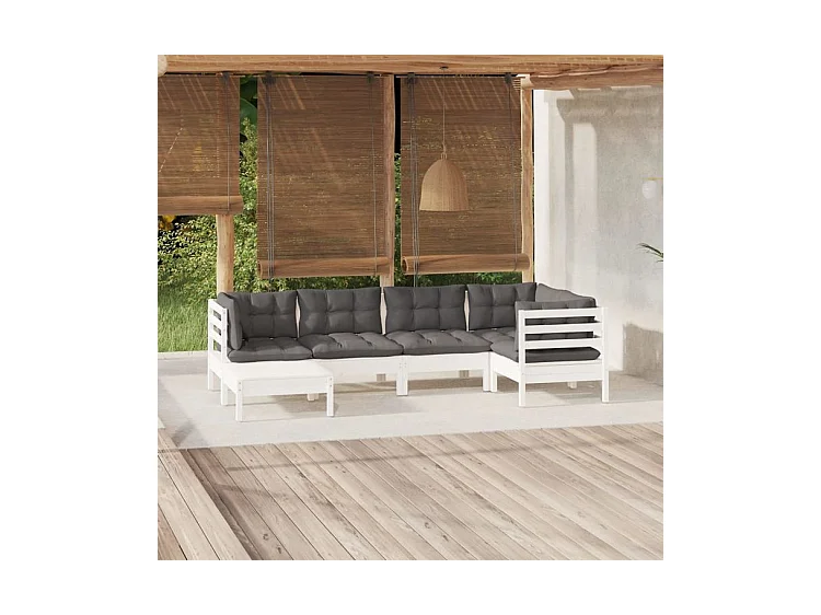 Salon de jardin 6 pcs avec coussins blanc bois de pin massif