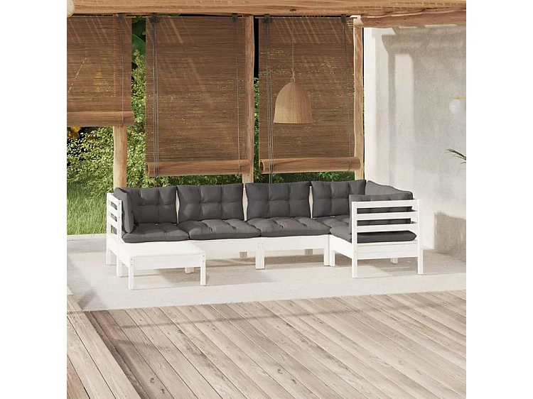 Salon de jardin 6 pcs avec coussins blanc bois de pin massif