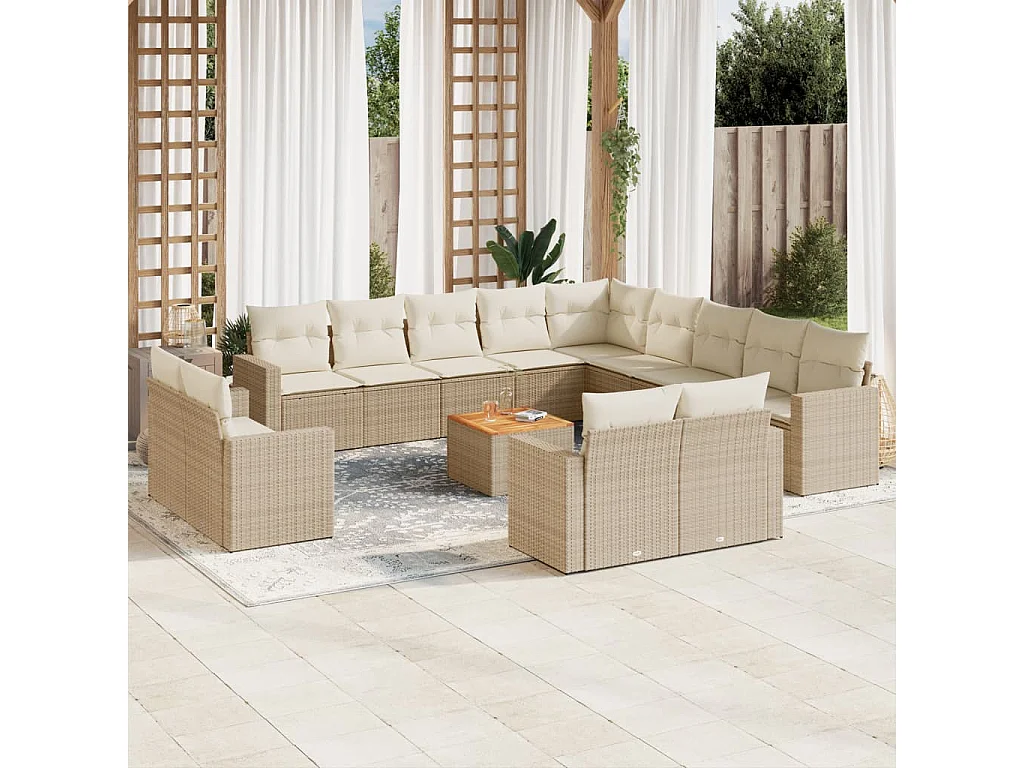 Salon de jardin avec coussins 14 pcs beige résine tressée