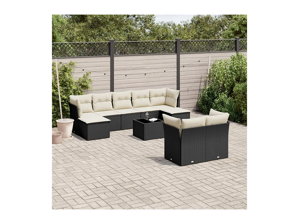 Salon de jardin 10 pcs avec coussins noir résine tressée