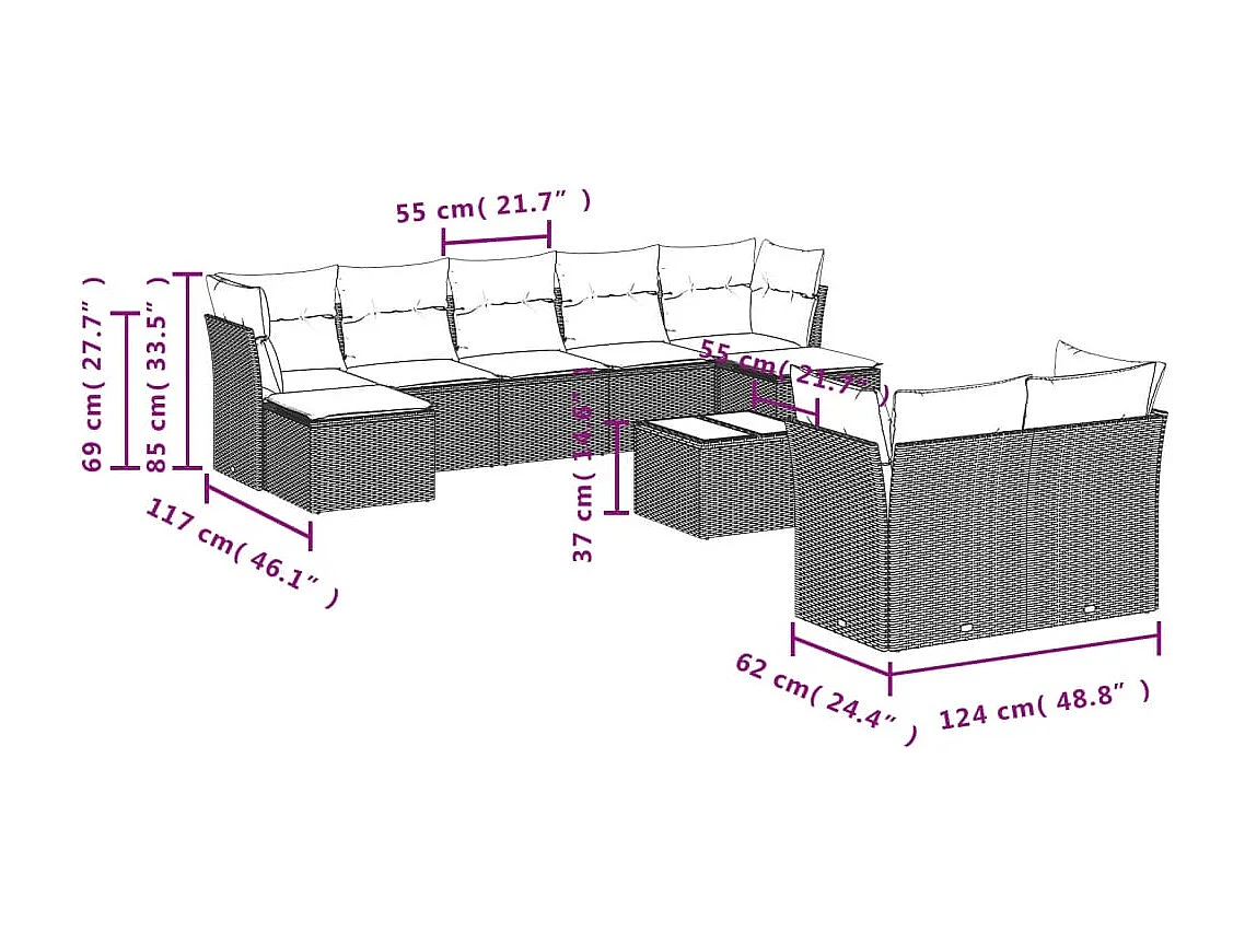 Salon de jardin 10 pcs avec coussins noir résine tressée