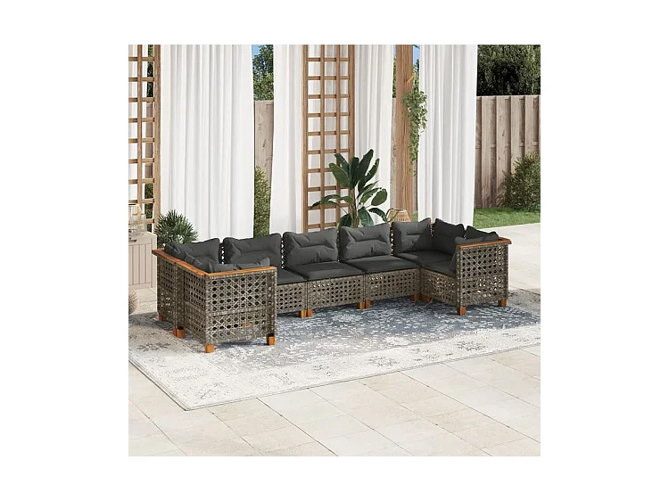 Salon de jardin avec coussins 7 pcs gris résine tressée