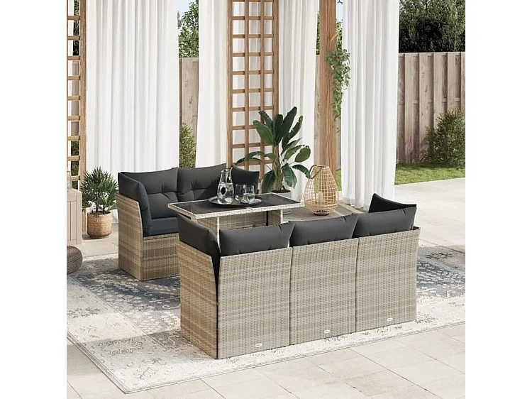 Salon de jardin 6 pcs avec coussins gris clair résine tressée