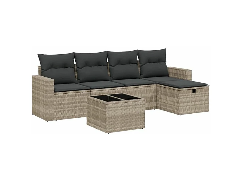 Salon de jardin 6 pcs avec coussins gris clair résine tressée