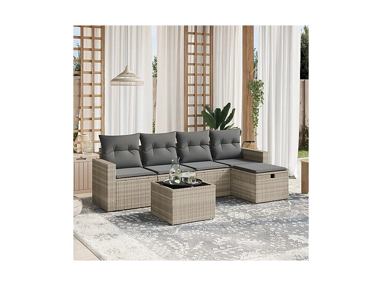 Salon de jardin 6 pcs avec coussins gris clair résine tressée