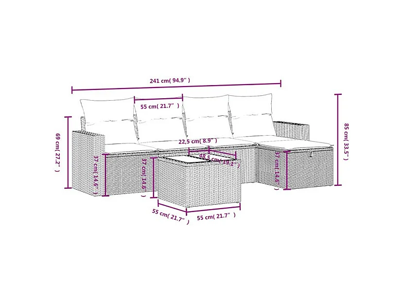 Salon de jardin 6 pcs avec coussins gris clair résine tressée
