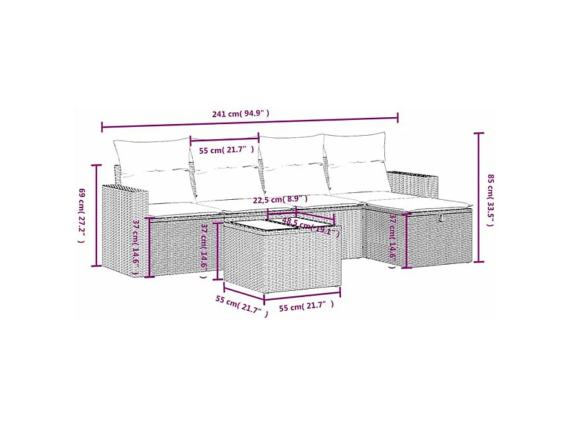 Salon de jardin 6 pcs avec coussins gris clair résine tressée