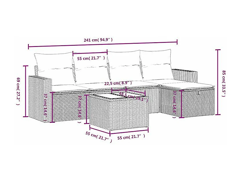 Salon de jardin 6 pcs avec coussins gris clair résine tressée