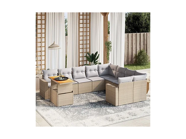 Salon de jardin avec coussins 10 pcs beige résine tressée