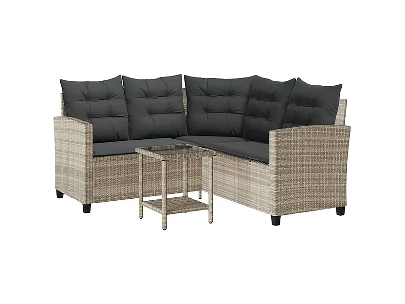 Canapé de jardin table et coussins en forme de L gris clair