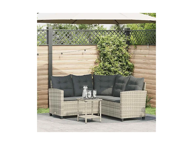 Canapé de jardin table et coussins en forme de L gris clair