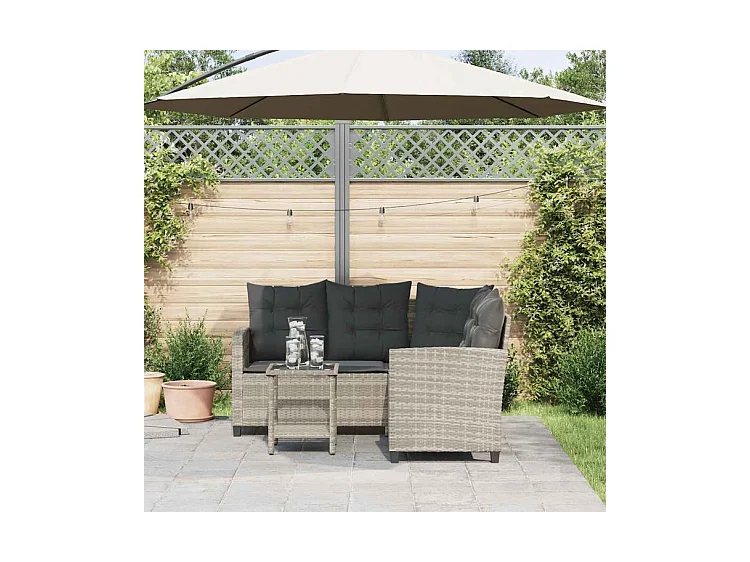 Canapé de jardin table et coussins en forme de L gris clair