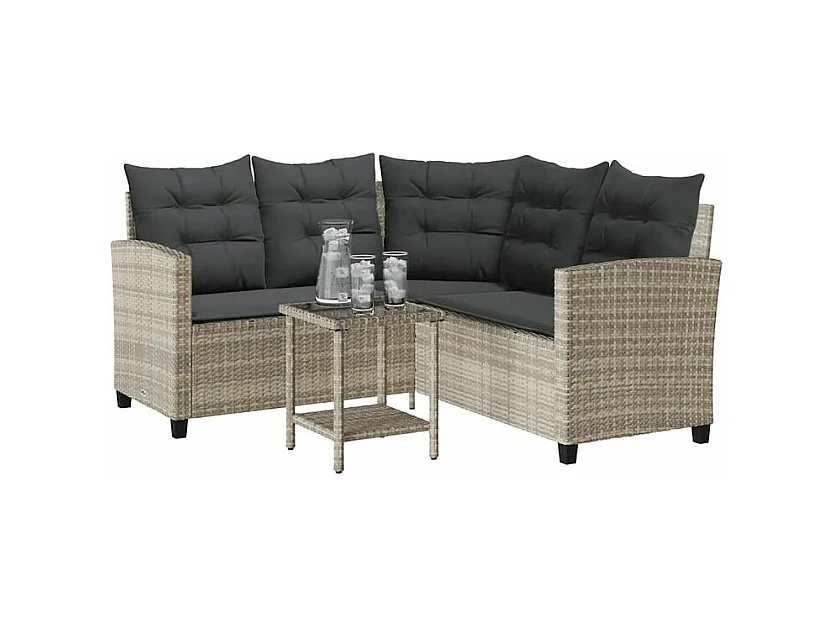 Canapé de jardin table et coussins en forme de L gris clair