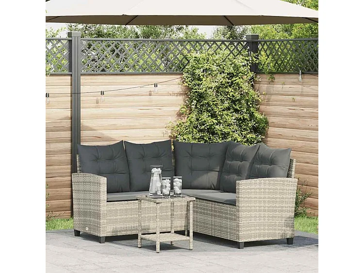 Canapé de jardin table et coussins en forme de L gris clair