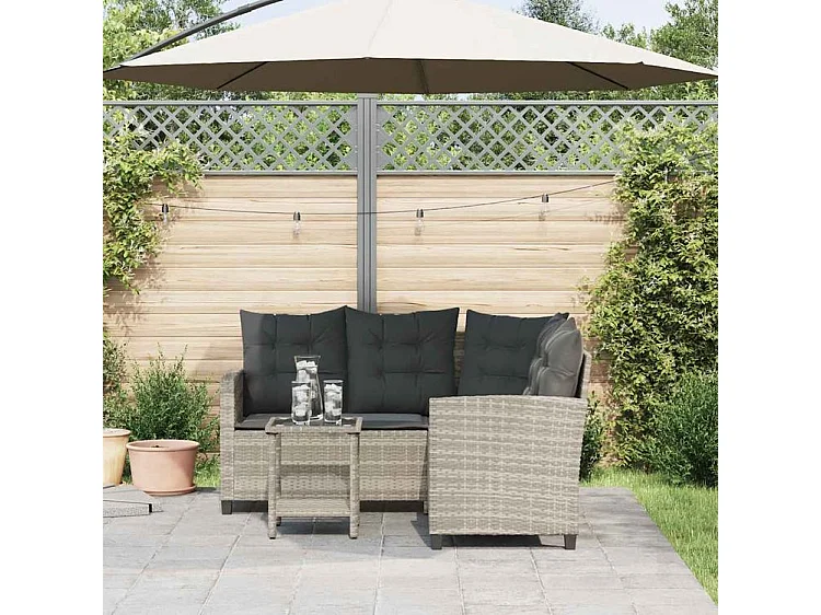 Canapé de jardin table et coussins en forme de L gris clair