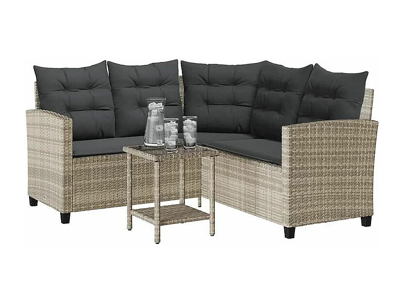 Canapé de jardin table et coussins en forme de L gris clair