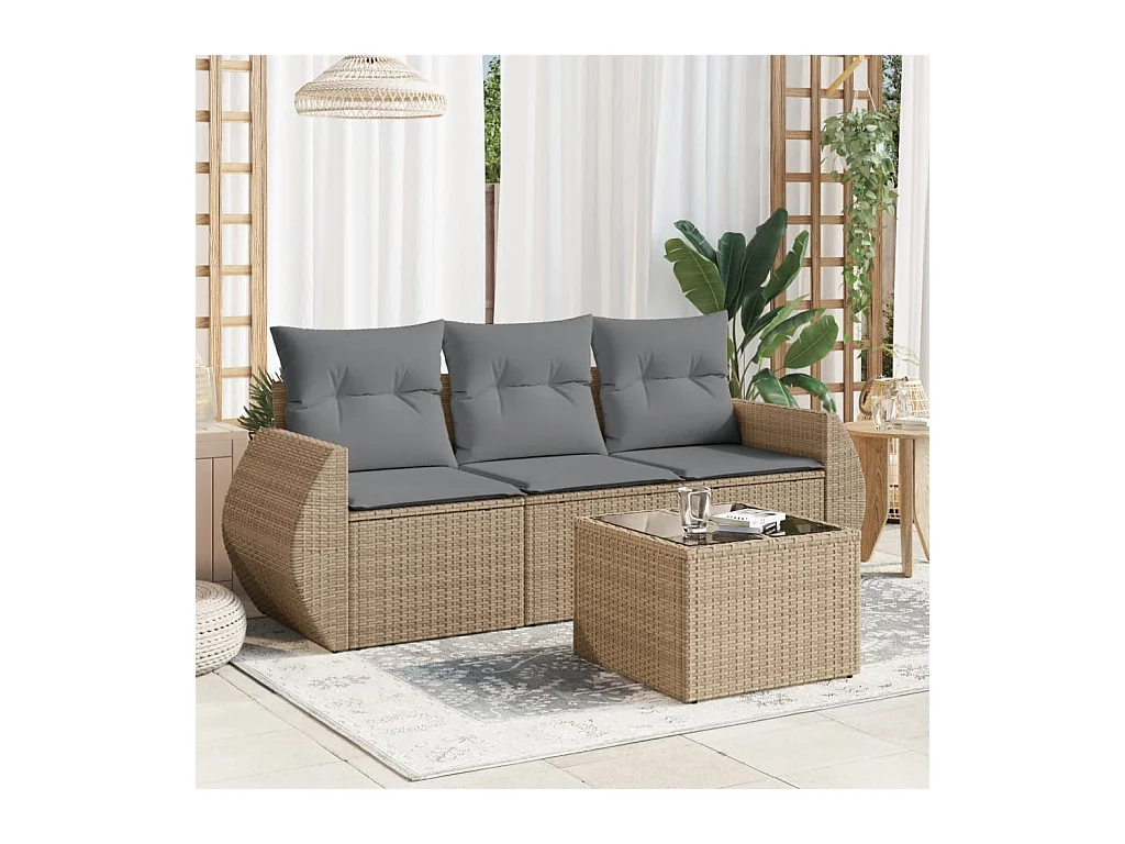 Salon de jardin avec coussins 4 pcs beige résine tressée