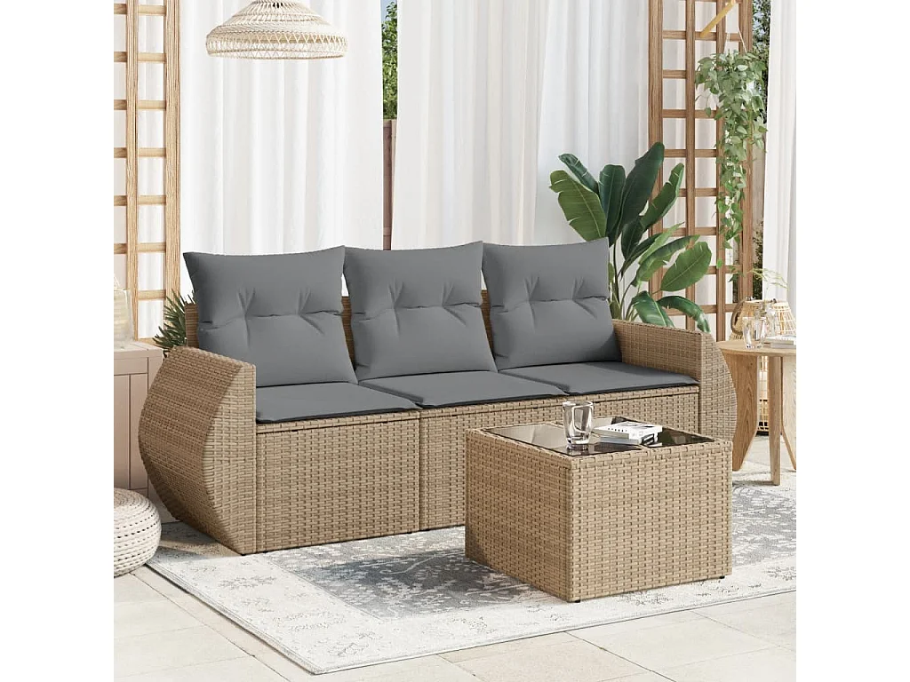 Salon de jardin avec coussins 4 pcs beige résine tressée