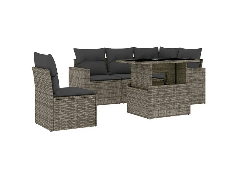 Salon de jardin 6 pcs avec coussins gris résine tressée