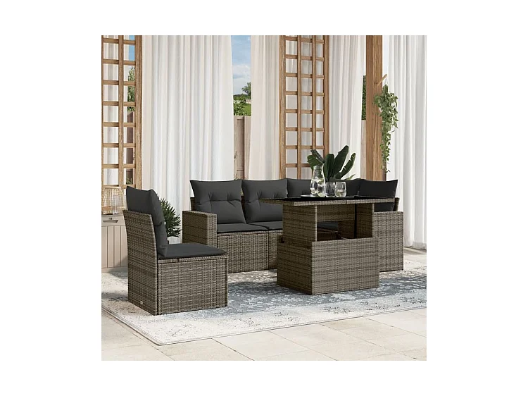 Salon de jardin 6 pcs avec coussins gris résine tressée
