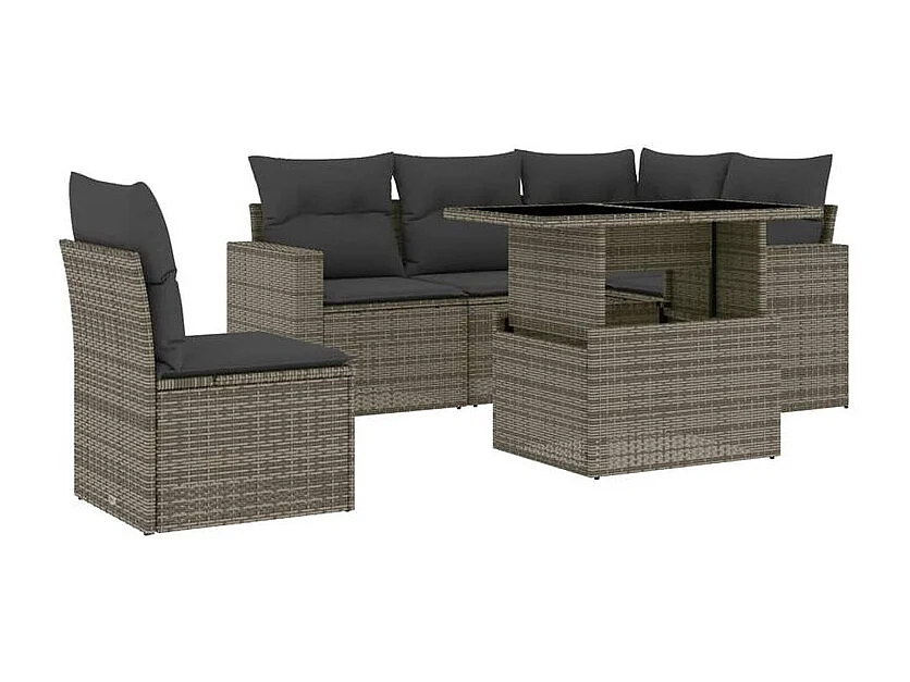 Salon de jardin 6 pcs avec coussins gris résine tressée