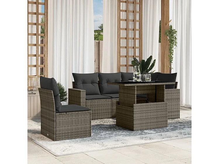 Salon de jardin 6 pcs avec coussins gris résine tressée