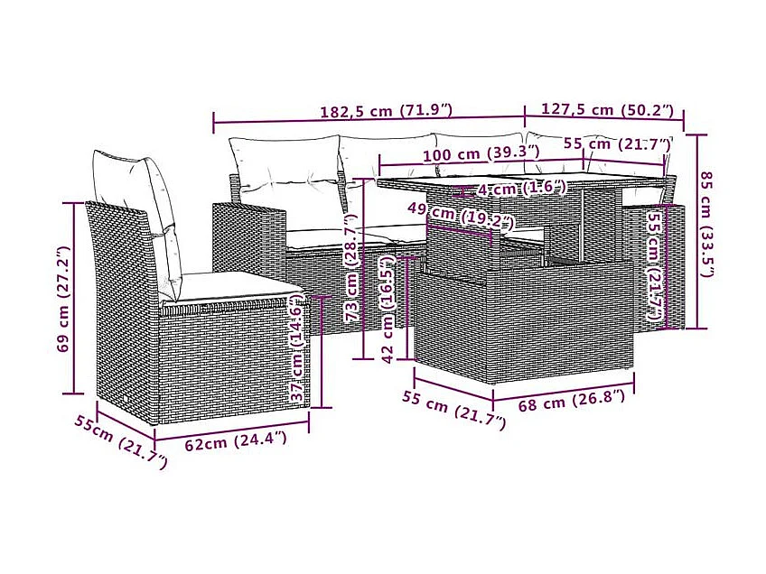 Salon de jardin 6 pcs avec coussins gris résine tressée