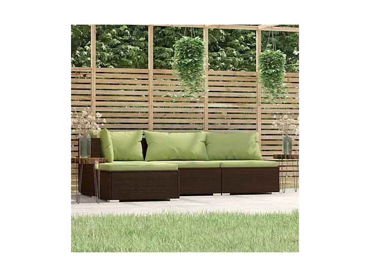 Salon de jardin 4 pcs avec coussins Marron Résine tressée
