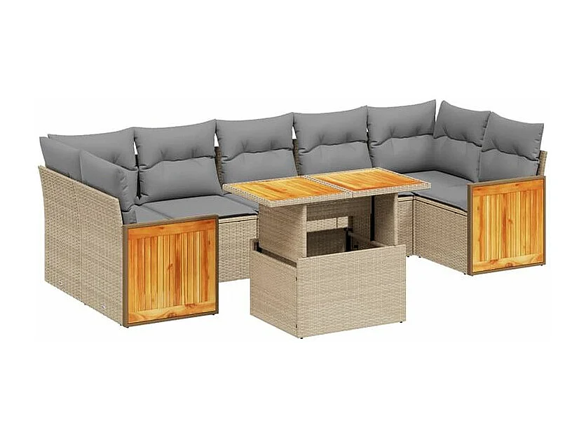 Salon de jardin avec coussins 8 pcs beige résine tressée