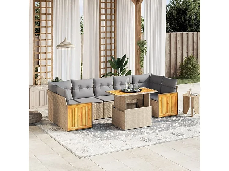 Salon de jardin avec coussins 8 pcs beige résine tressée