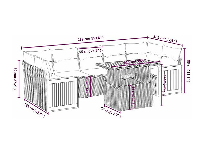 Salon de jardin avec coussins 8 pcs beige résine tressée