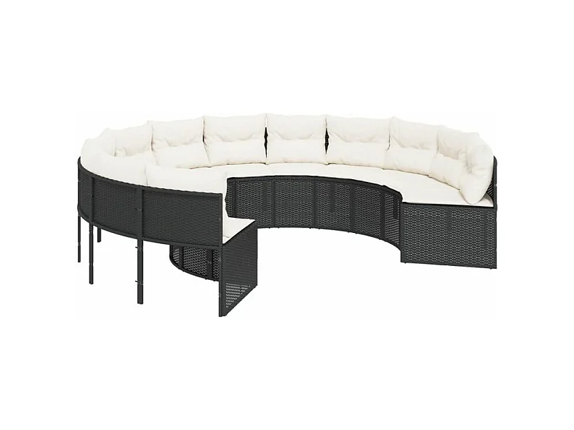 Canapé de jardin avec coussins rond noir résine tressée