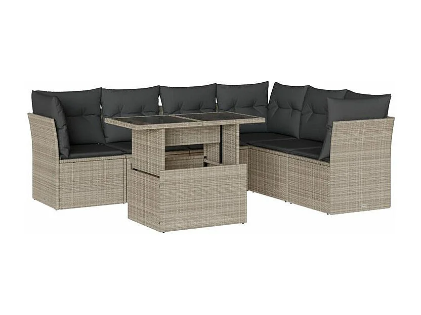 Salon de jardin avec coussins 7 pcs gris clair résine tressée