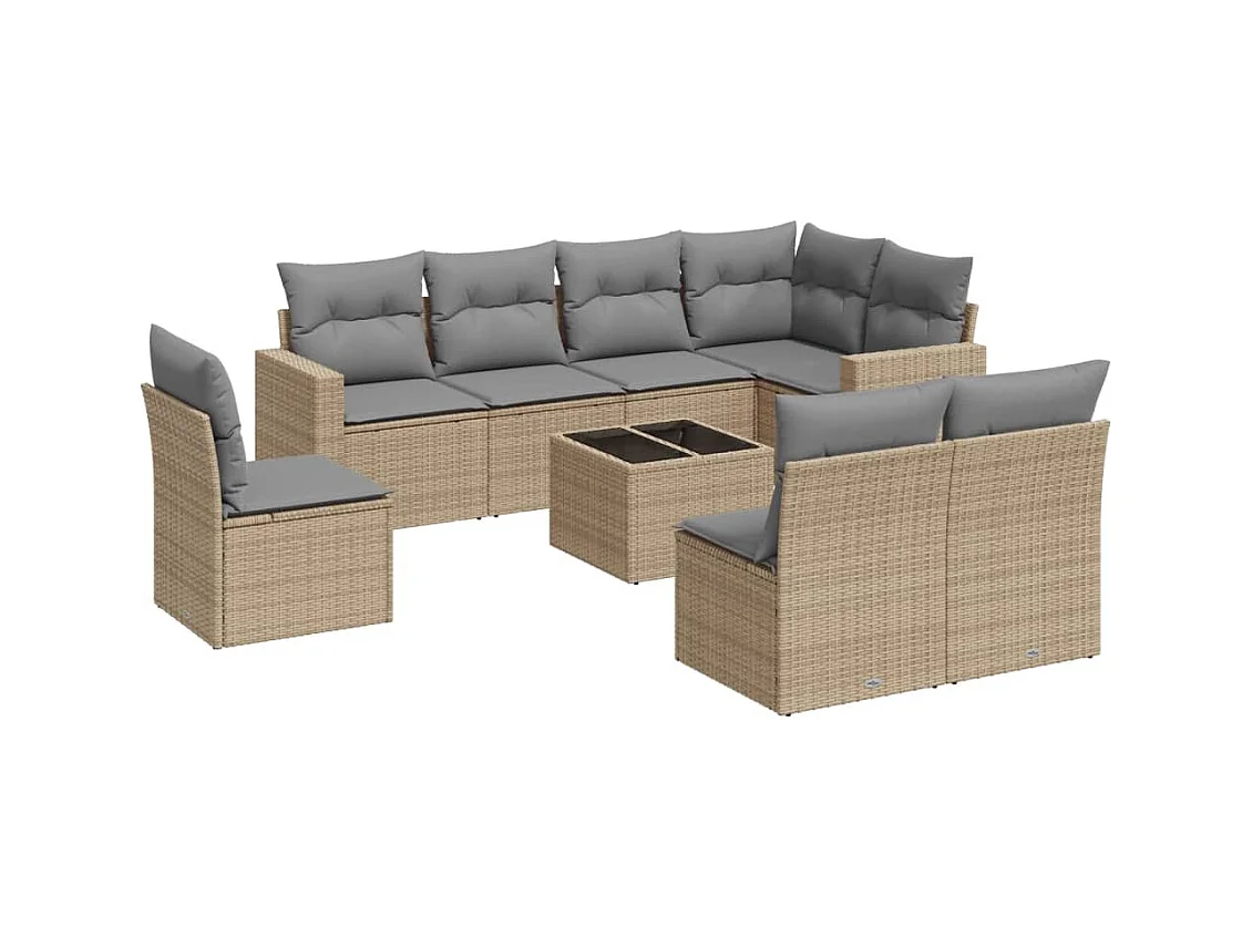 Salon de jardin avec coussins 9 pcs beige résine tressée