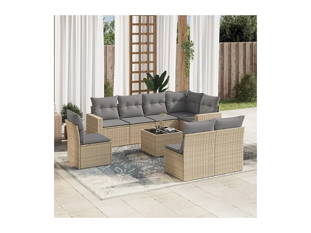 Salon de jardin avec coussins 9 pcs beige résine tressée