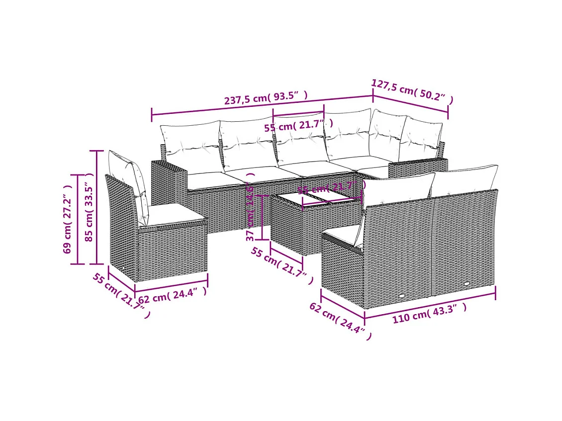 Salon de jardin avec coussins 9 pcs beige résine tressée