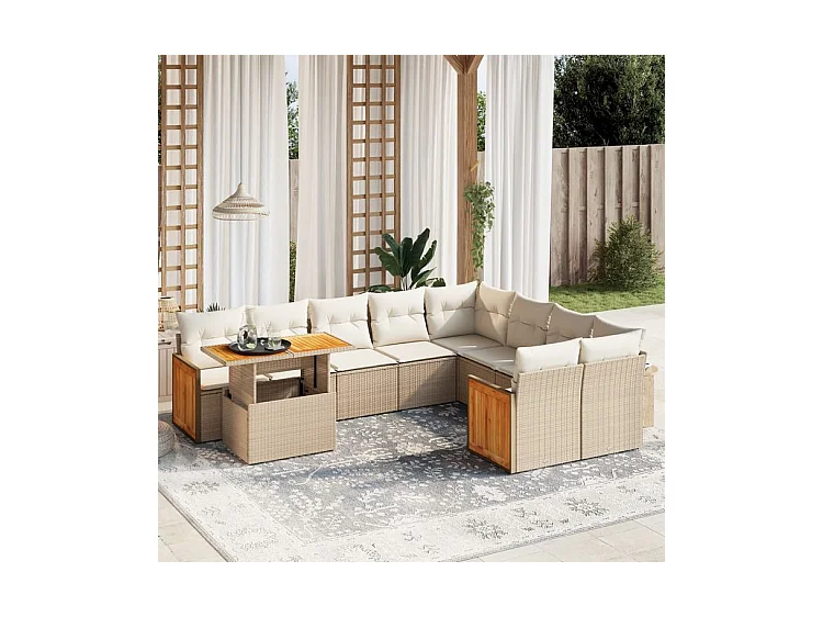 Salon de jardin avec coussins 10 pcs beige résine tressée