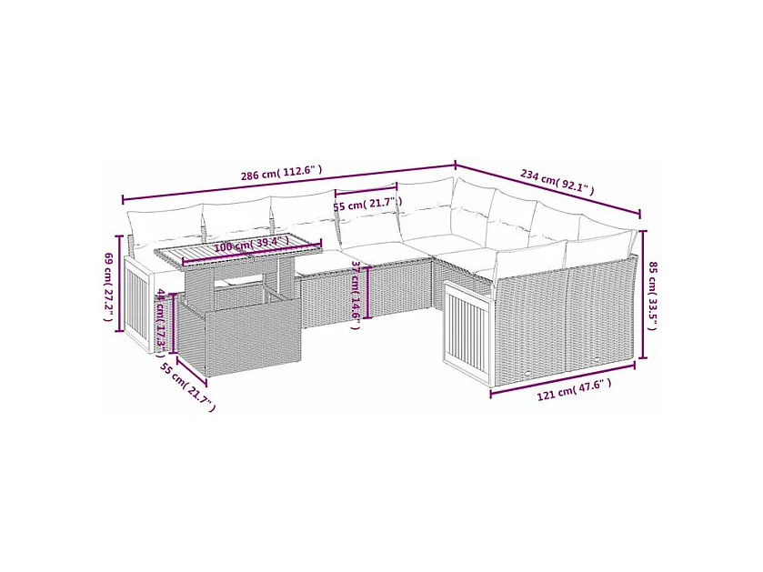 Salon de jardin avec coussins 10 pcs beige résine tressée
