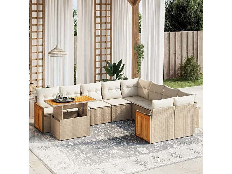 Salon de jardin avec coussins 10 pcs beige résine tressée
